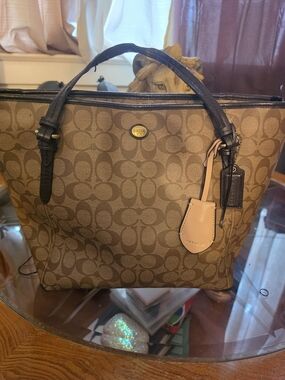 Coach Signature Canvas Tote in Brown with Black Handles